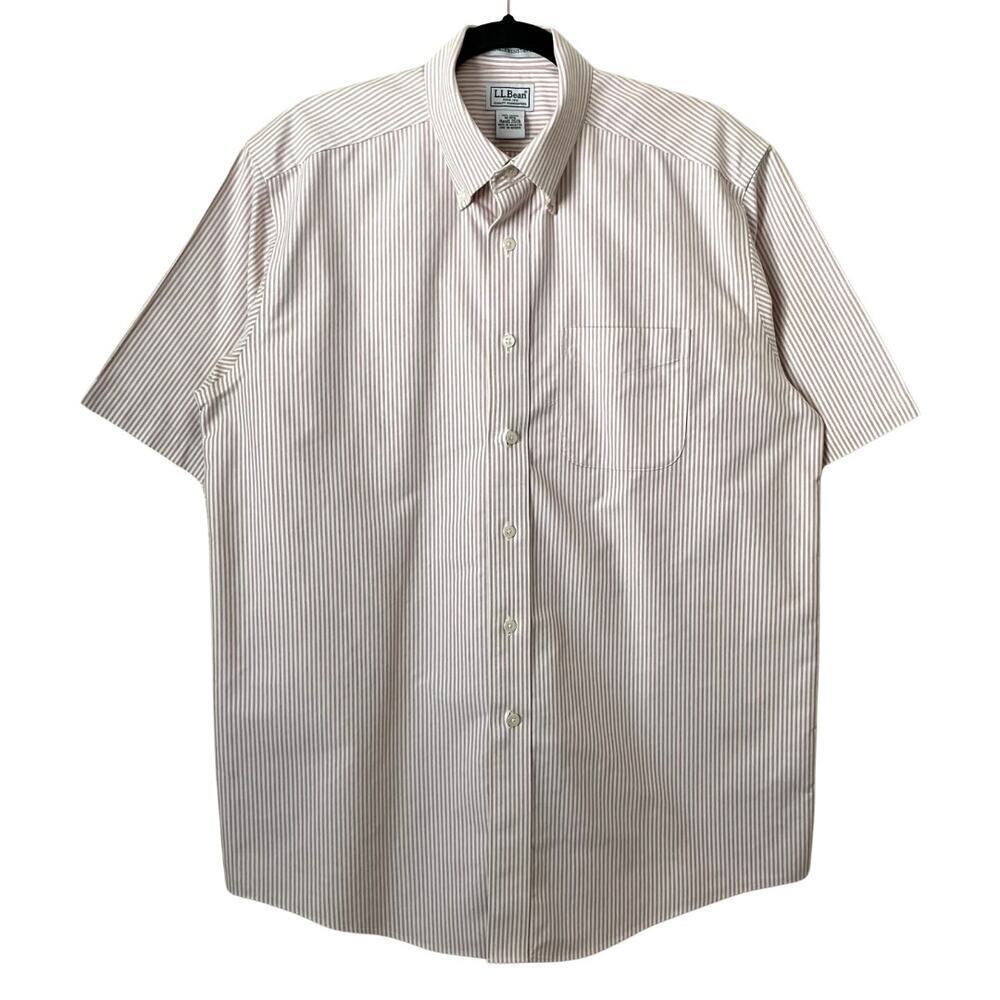 LL Bean Shirt Mens 16 Regular Pink Striped Short Sleeve Cotton Wrinkle Resistant